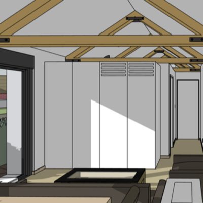 Modern interior design with exposed wooden beams and neutral tones.