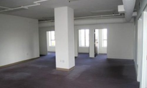 Empty office space with large windows and blue carpet.